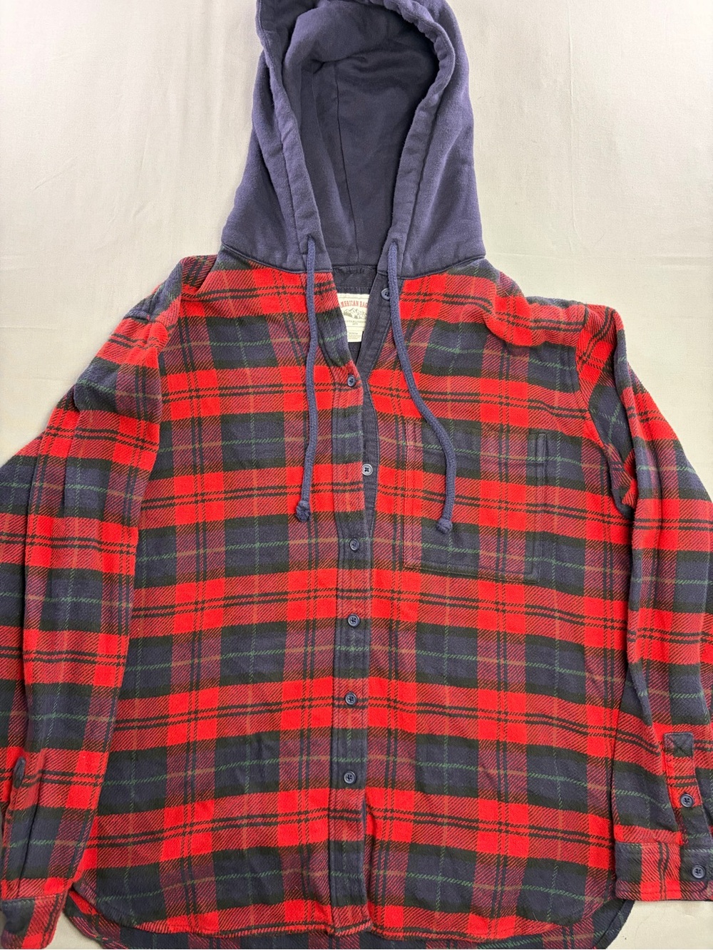 American Eagle Outfitters Red and Navy Plaid Hooded Button-Up